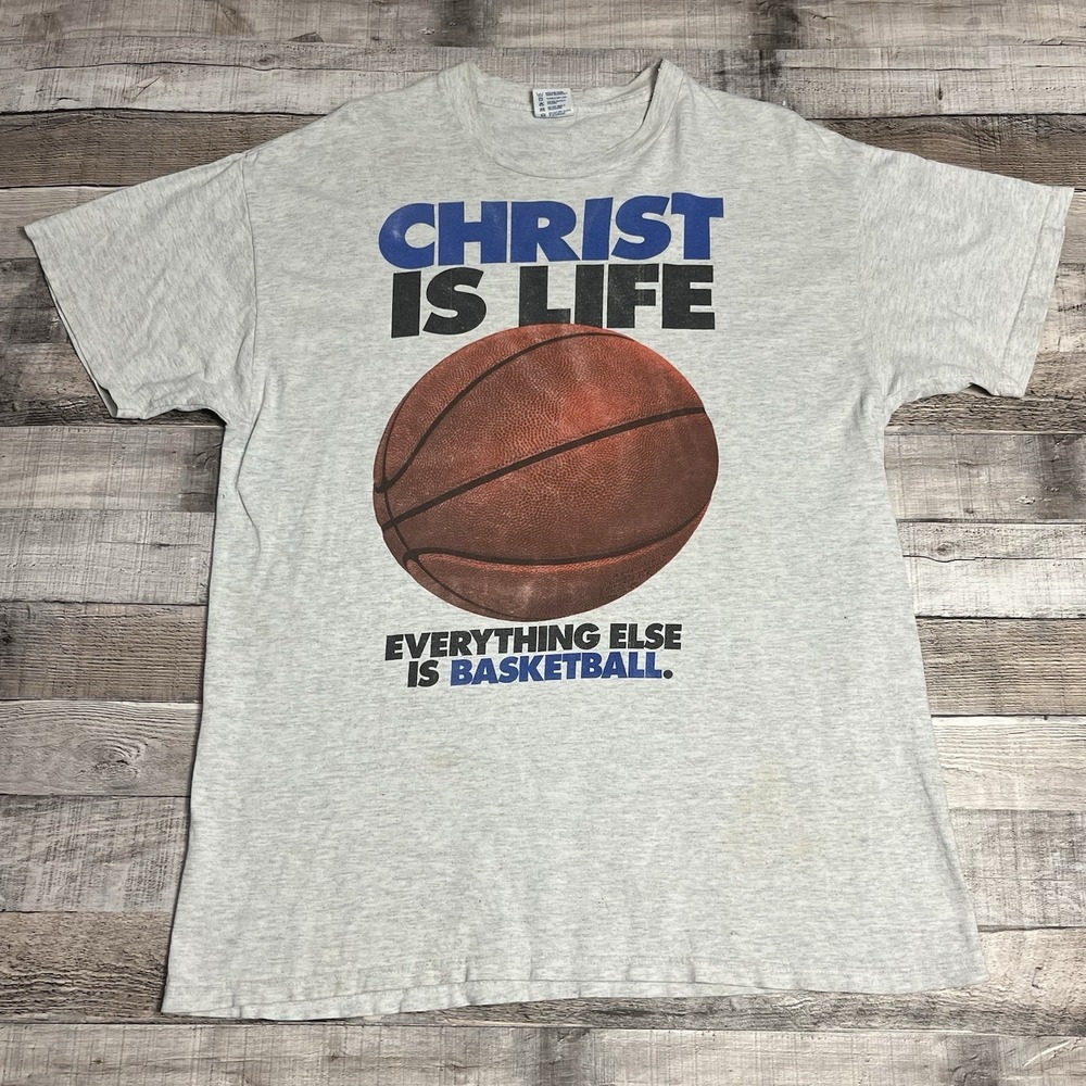 Christ Is Life Shirt Size Large Gray Vintage Jesus Tee Everything Basketball